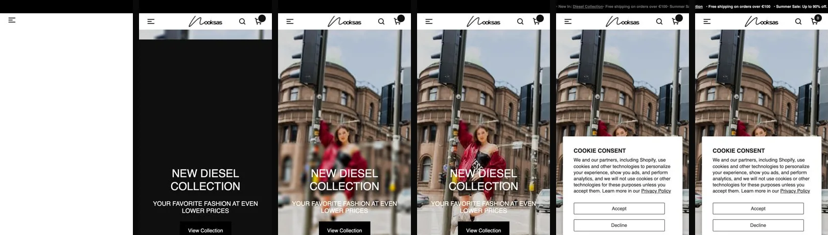 After: the Nooksas homepage loading on a slow phone, frame by frame