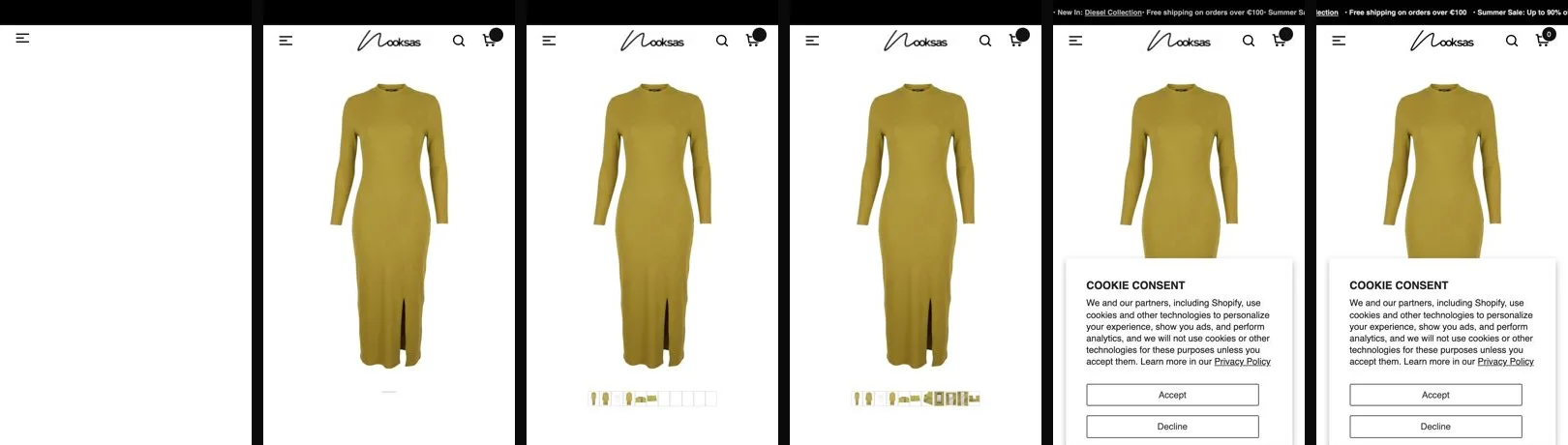 After: a Nooksas product page loading on a slow phone, frame by frame