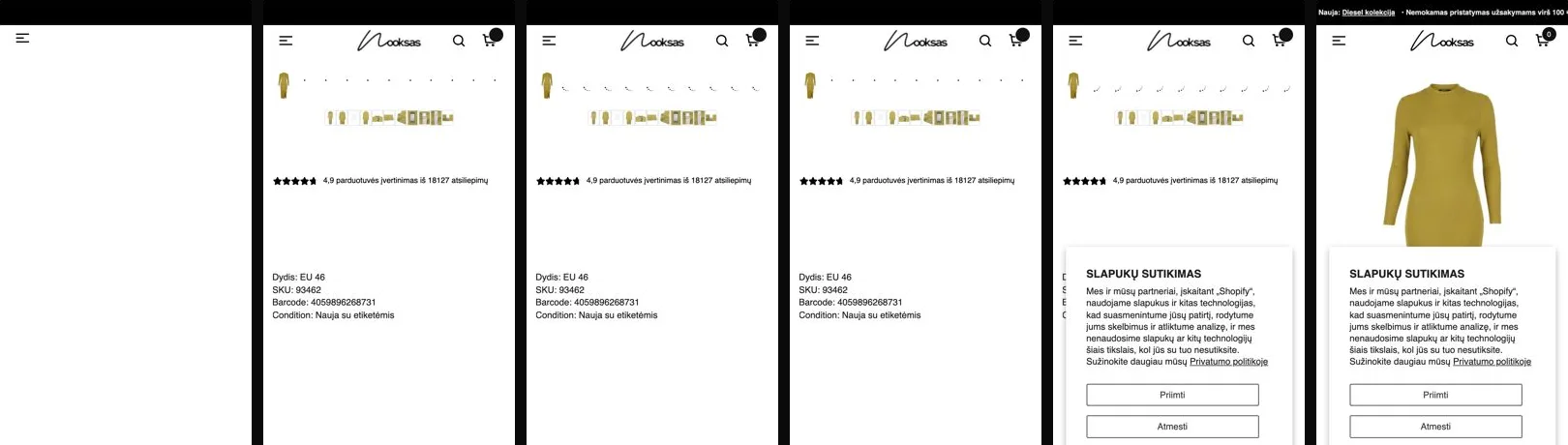 Before: a Nooksas product page loading on a slow phone, frame by frame