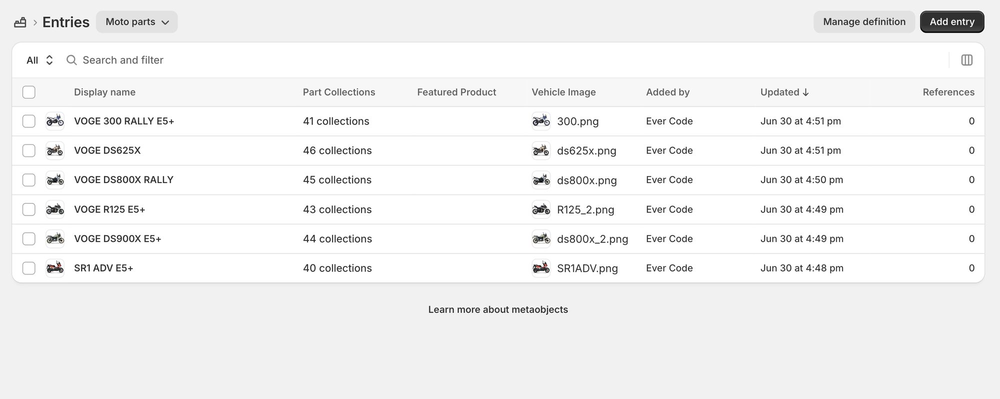 Every model as a metaobject, each mapped to its own set of parts collections