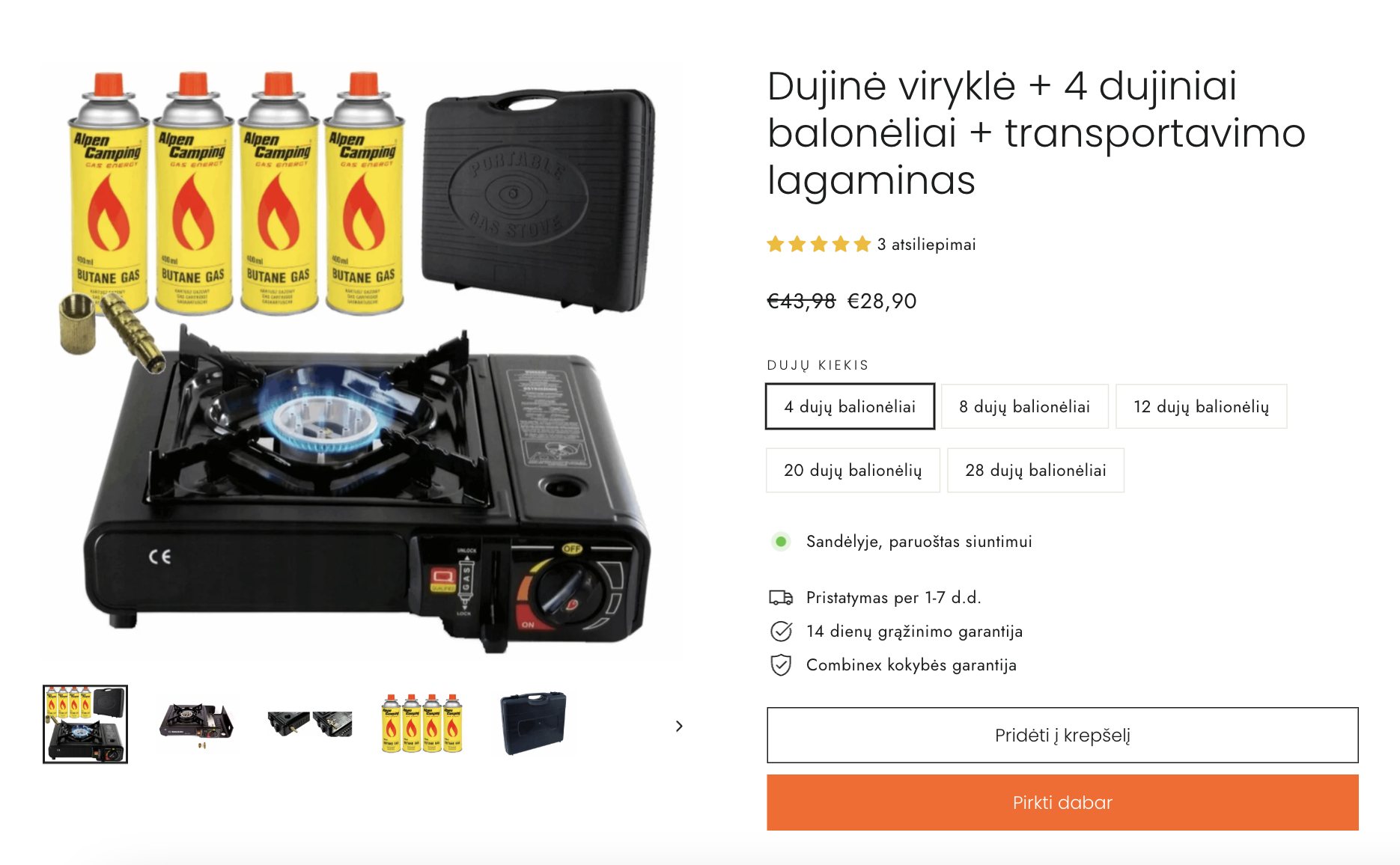 A product page: the bundle sized by how much gas you want, with stock, delivery and returns stated