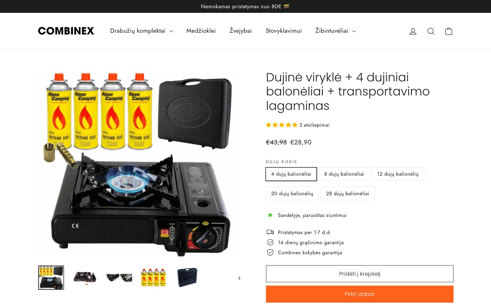 Dujinės viryklės rinkinio puslapis su dujų balionėlių kiekio pasirinkimu