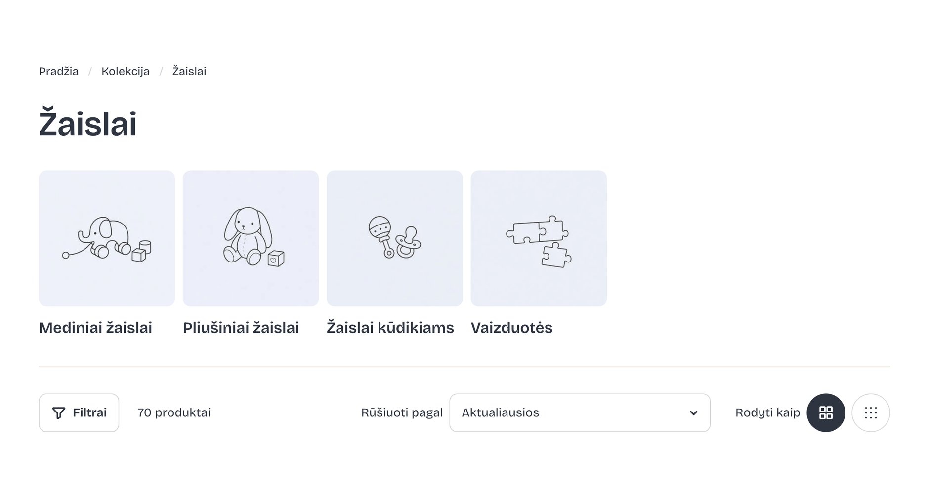 The toys category: four subcategory tiles above the filters and sorting