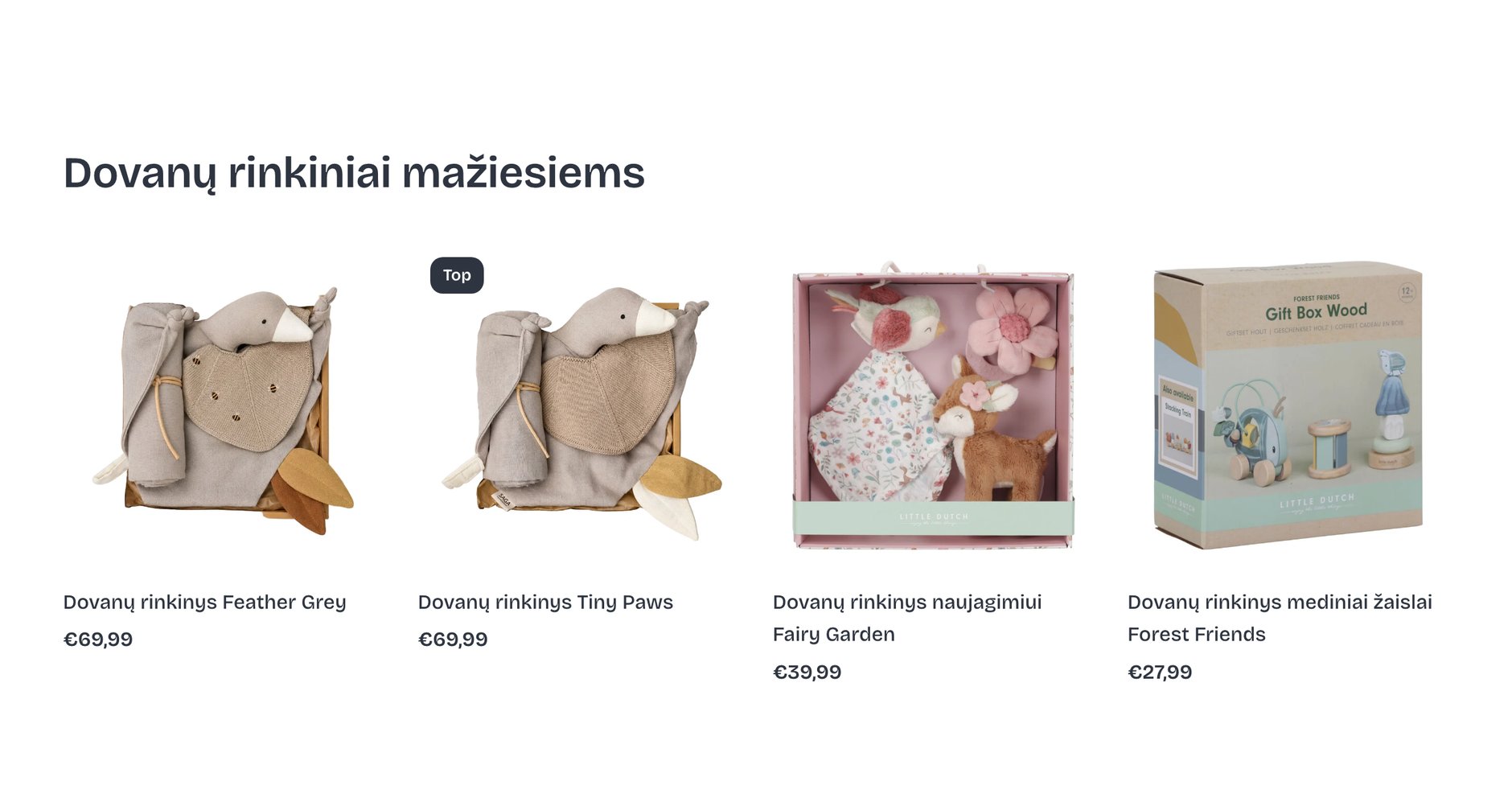 Gift sets on the homepage, each one priced on the card
