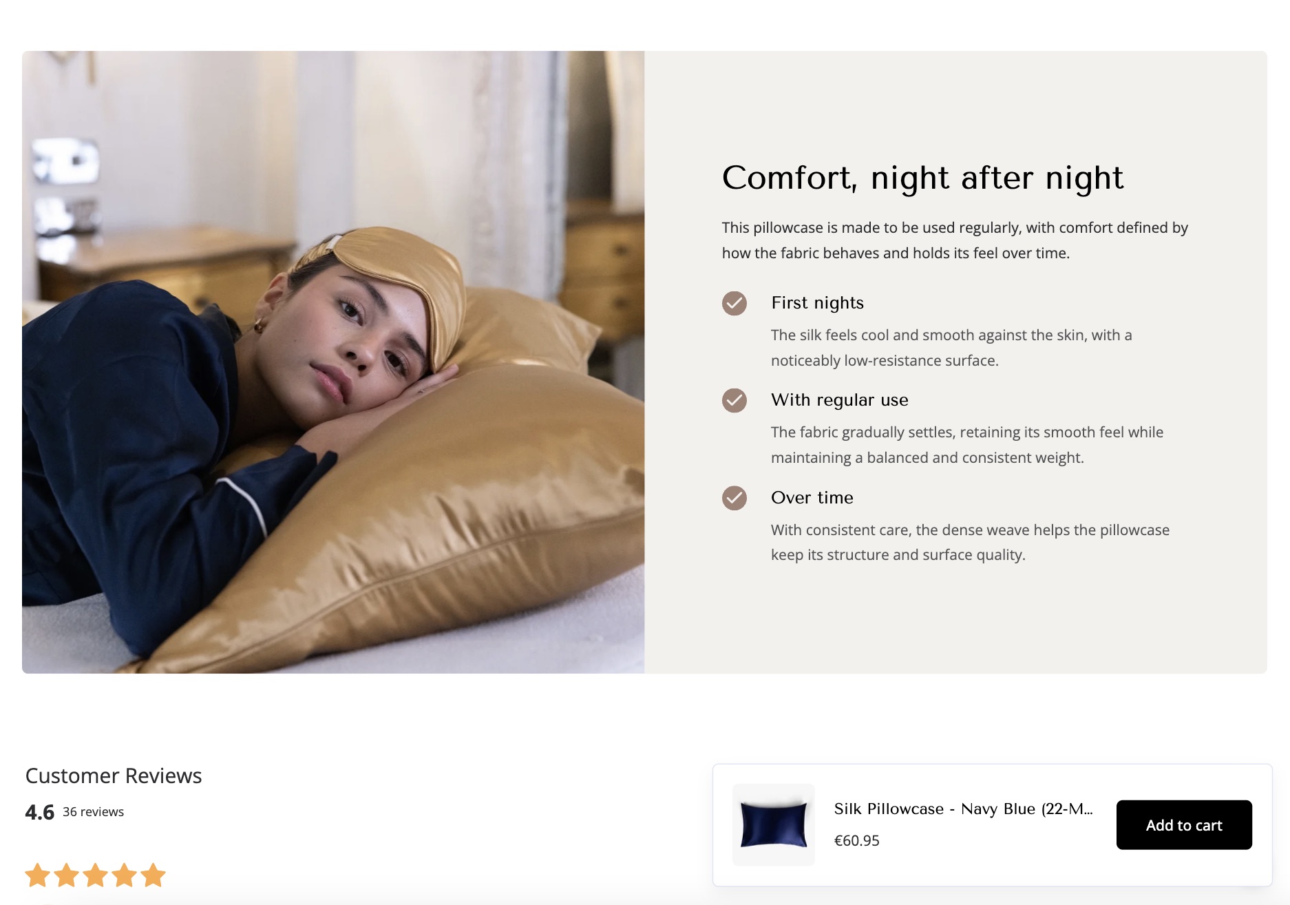 A custom editorial section: a full-bleed image with the product’s comfort points set beside it
