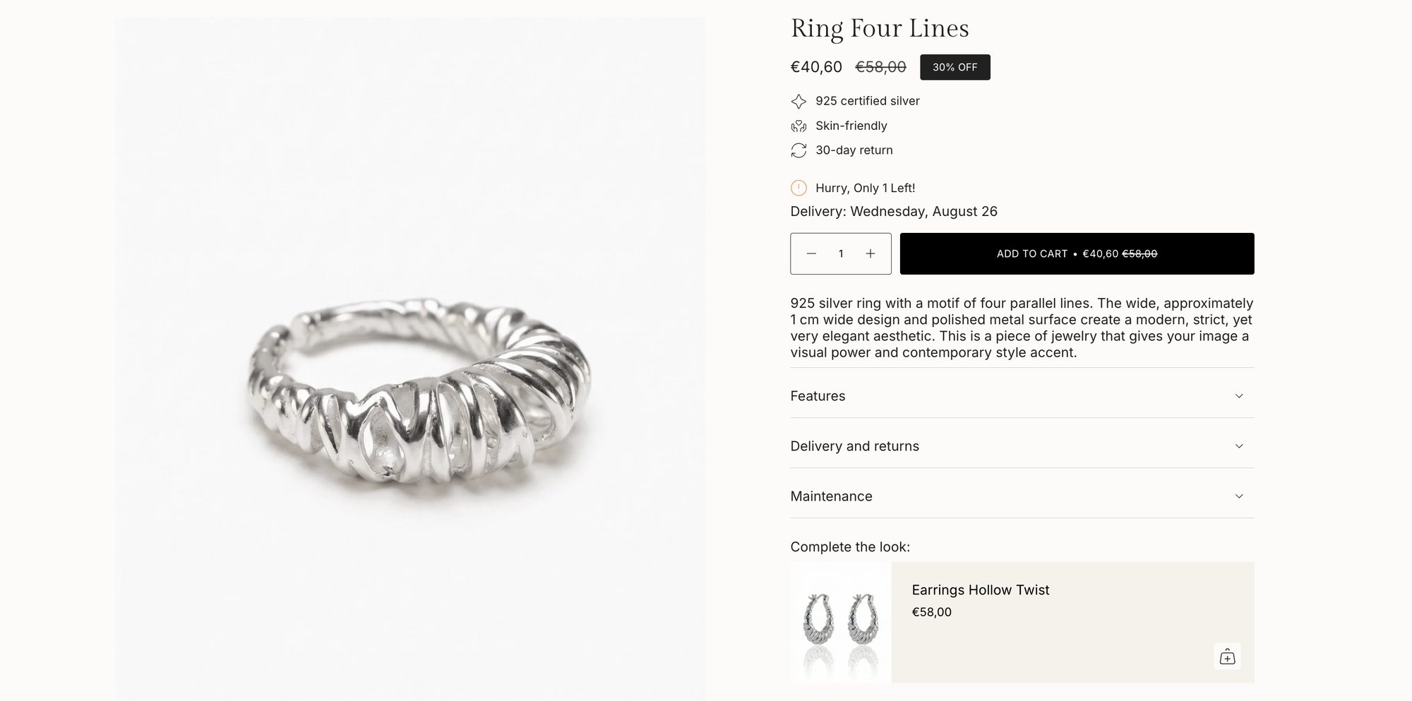 A product page carrying its own trust points, delivery date and complete-the-look upsell