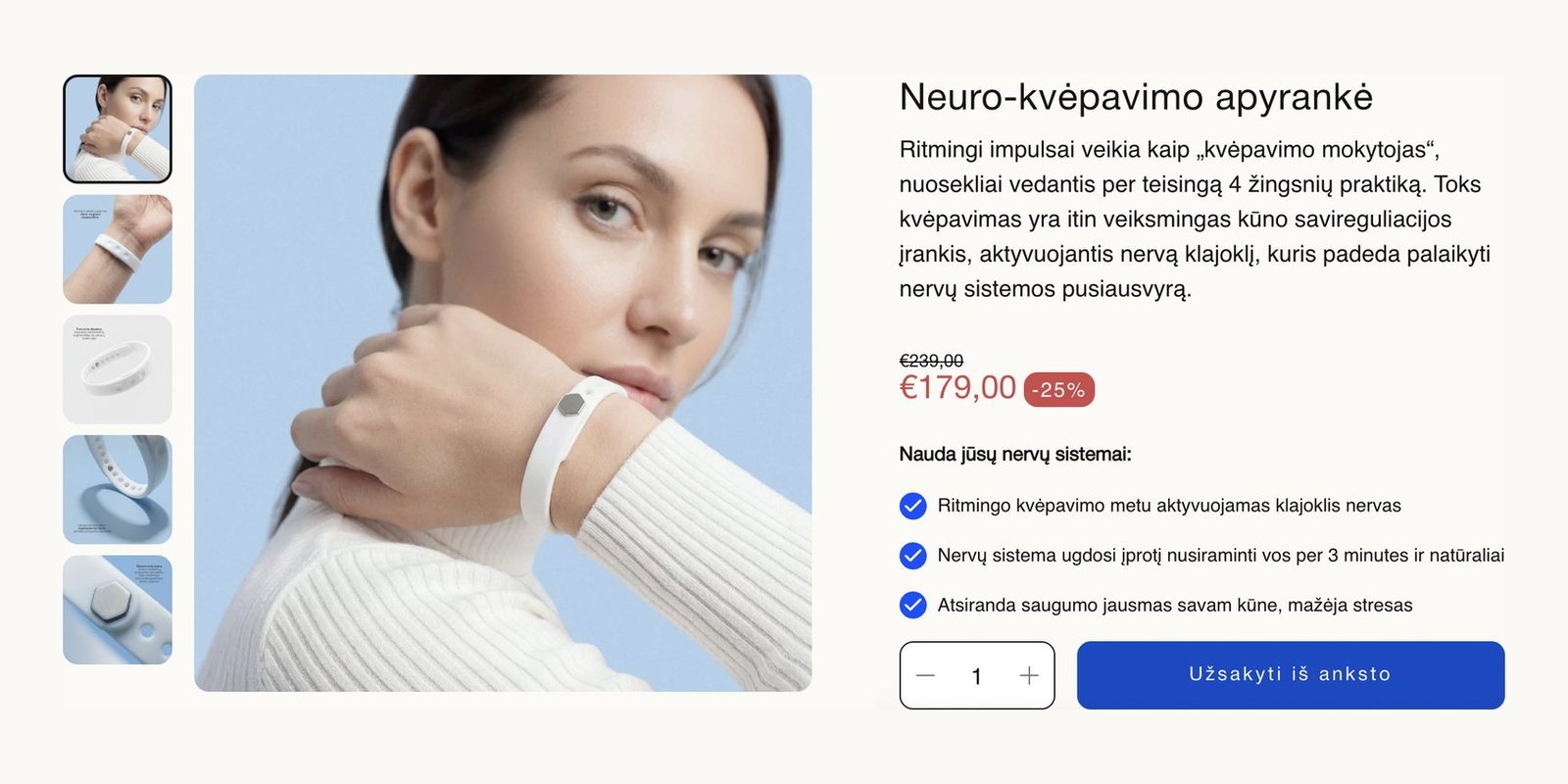„Neurohale“ apyrankės puslapis išankstiniam užsakymui