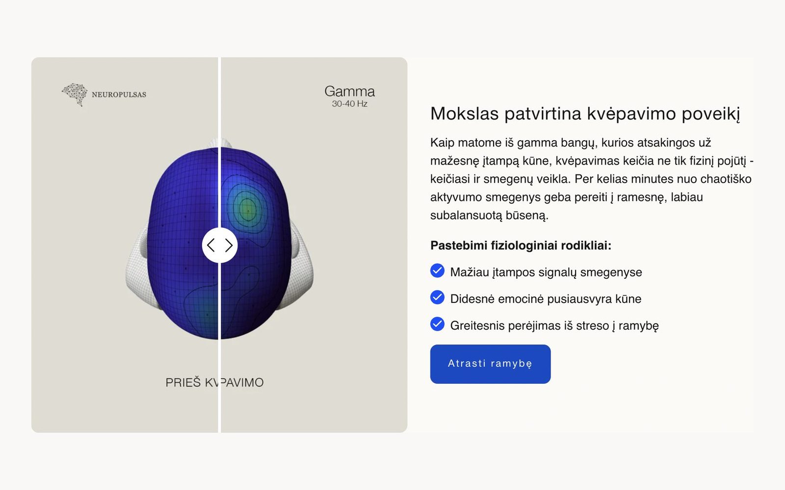 Smegenų aktyvumo žemėlapiai prieš ir po, palyginami slankikliu